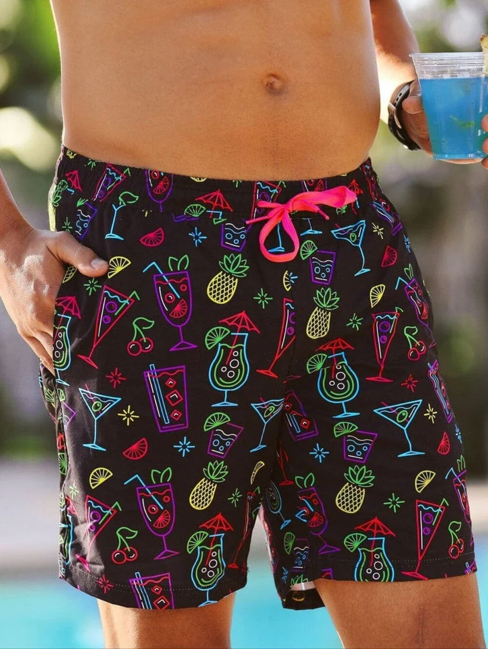 Tipsy Elvex Men's Black Neon Cocktail Print Swim Shorts 7.5 Inseam Size Large NW